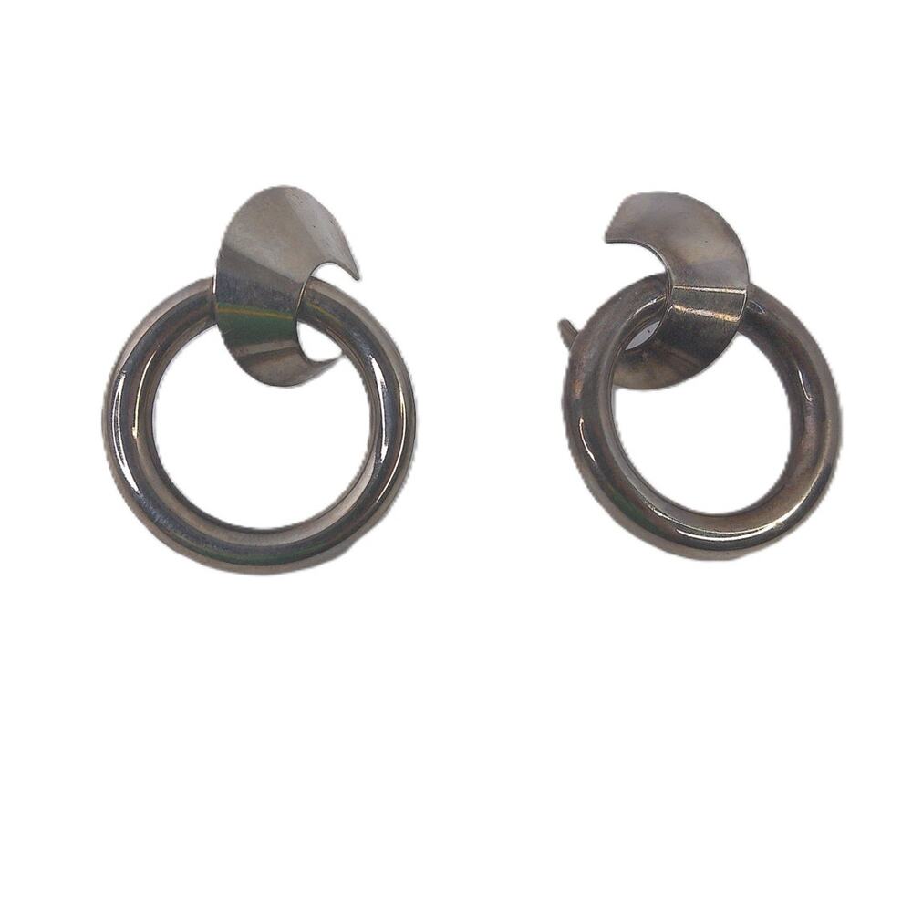 Vintage Silver Tone Modernist Doorknocker Hoop Earrings Chunky Statement